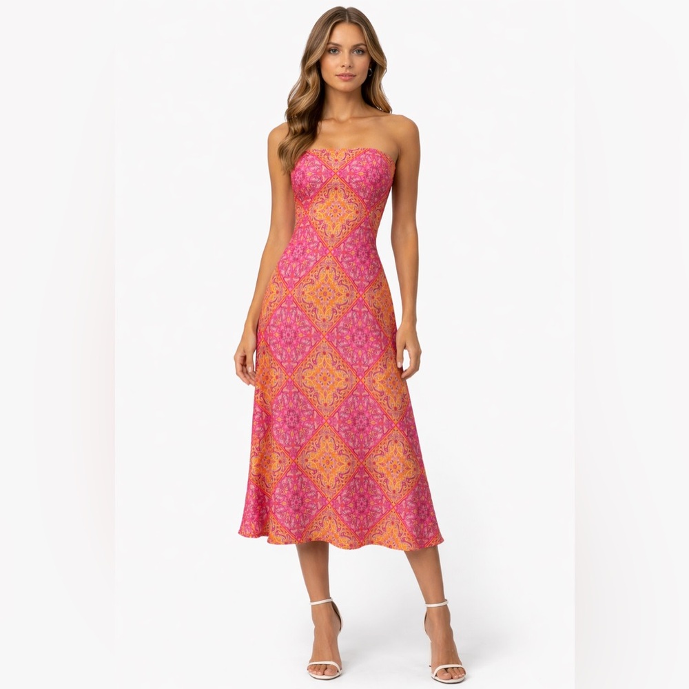 REVOLVE Camila Coehlo Strapless Pink & Orange Printed Midi Dress